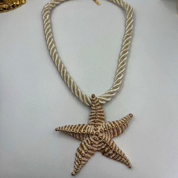 ZARA Women's Gold Textured Starfish Ivory Cord 20" Statement Necklace Coastal - Picture 8 of 9